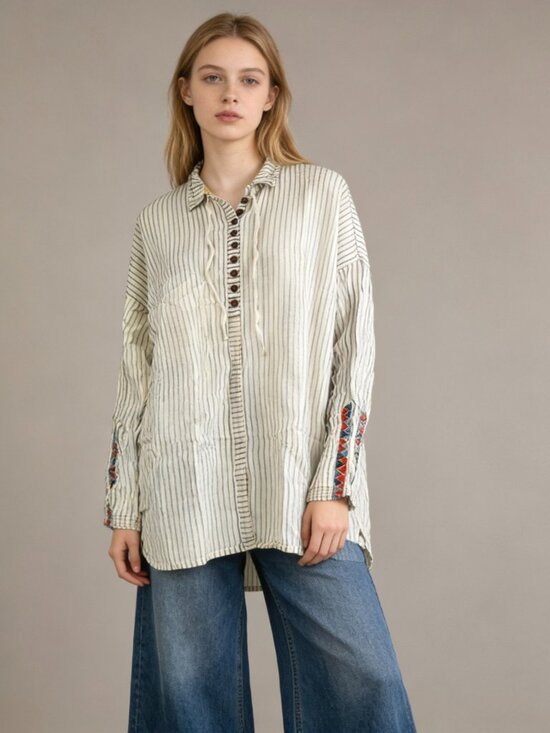 Johnny Was Tops - NWOT Johnny Was Stripe Embroidered Long Sleeves Tunic Blouse Top Size S